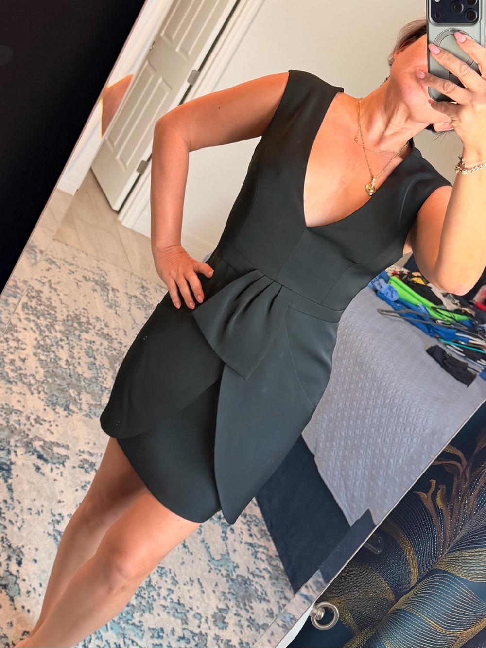 BCBGMaxAzria Black V-Neck Mini Dress with Front Draped Bow